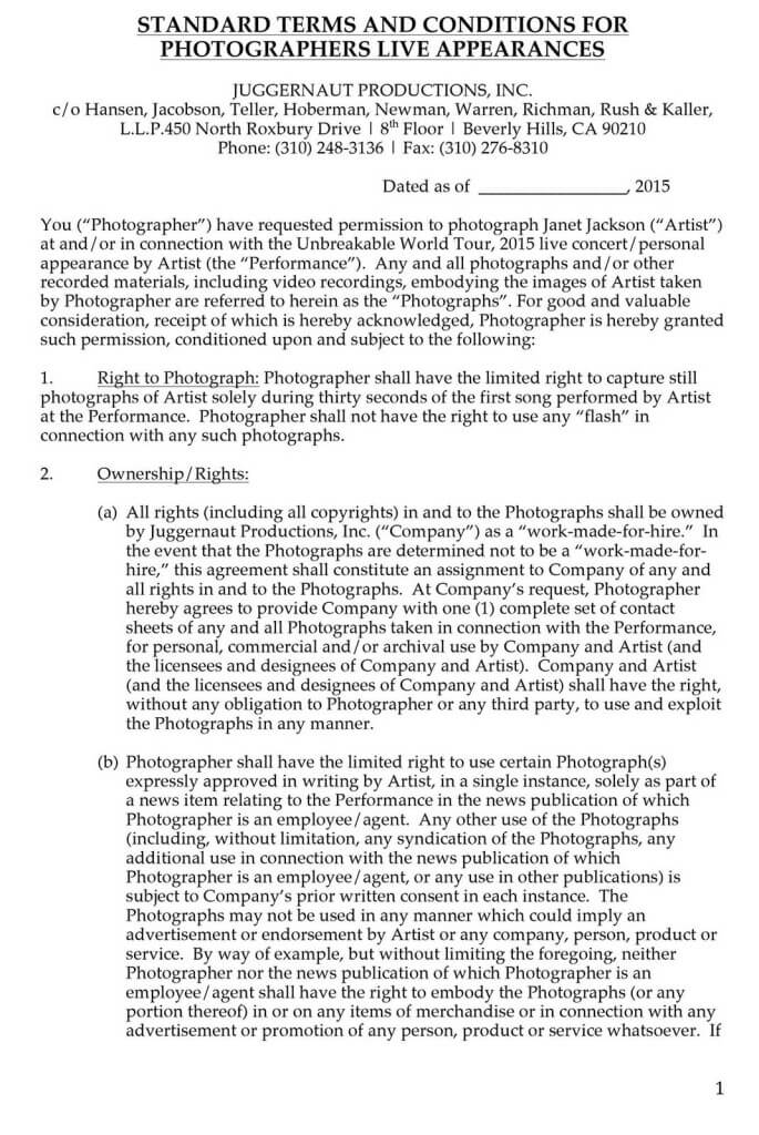 STANDARD TERMS AND CONDITIONS FOR PHOTOGRAPHERS